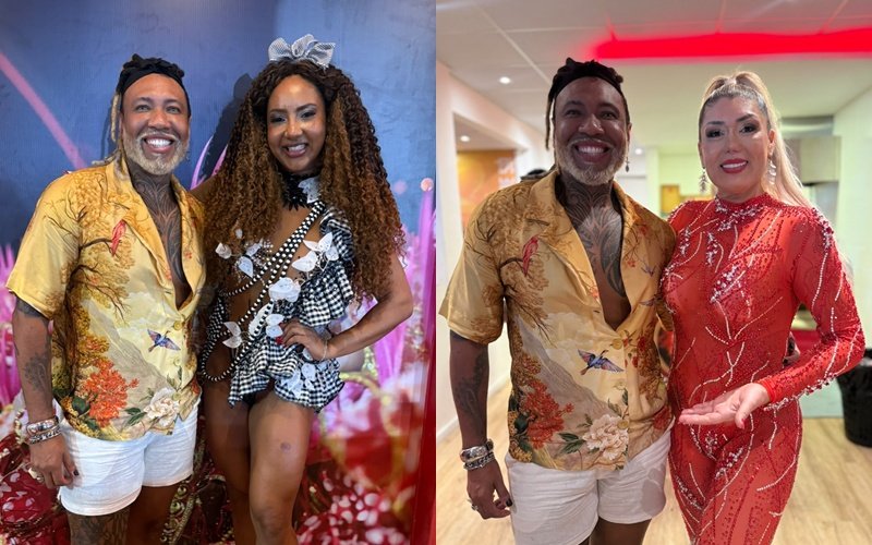 Daniel Zarmanno assina figurinos de musas da Estácio de Sá para Feijoada da agremiação Daniel acompanhado de Lili e Claudia